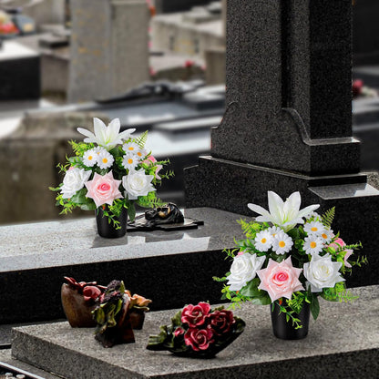 Artificial Grave Flowers in Pots, Artificial Rose Lily Daisy Memorial Flowers with Pot for Cemetery Funeral Outdoor Graveside Decoration (1piece, White & Red)