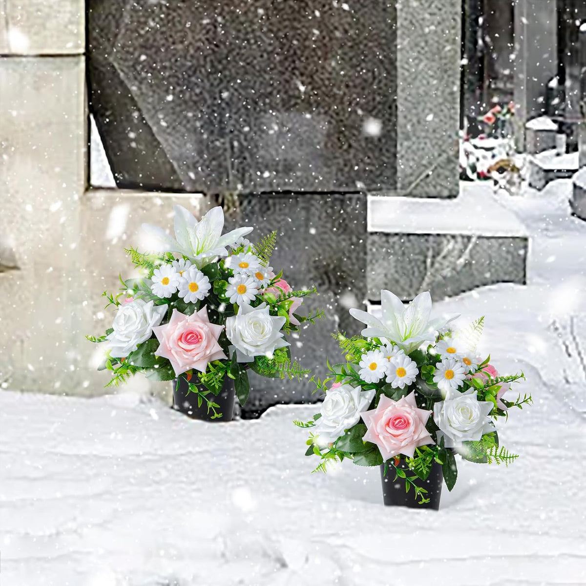 Artificial Grave Flowers in Pots, Artificial Rose Lily Daisy Memorial Flowers with Pot for Cemetery Funeral Outdoor Graveside Decoration (1piece, White & Red)