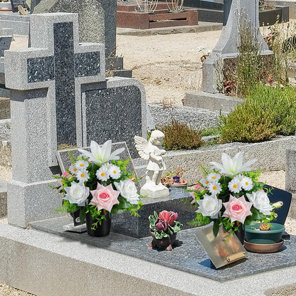 Artificial Grave Flowers in Pots, Artificial Rose Lily Daisy Memorial Flowers with Pot for Cemetery Funeral Outdoor Graveside Decoration (1piece, White & Red)