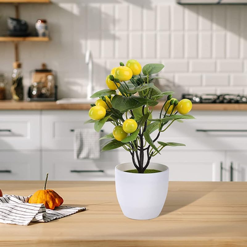 2Pcs Artificial Lemon Tree Potted Plant Decor Realistic Lemon Trees Fake Bonsai Adornments for Home Office Decoration, Kitchen Fake Plant