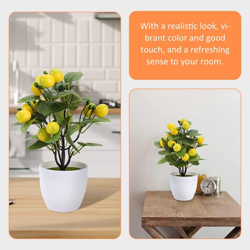 2Pcs Artificial Lemon Tree Potted Plant Decor Realistic Lemon Trees Fake Bonsai Adornments for Home Office Decoration, Kitchen Fake Plant