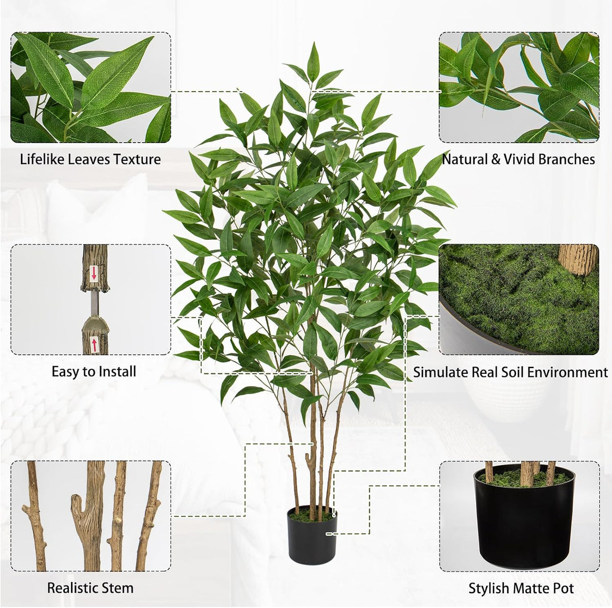 Artificial Eucalyptus Tree Plant in Black Pot – 5FT Tall Faux Indoor Plant for Home Décor, Modern Greenery for Living Room, Bedroom, Office