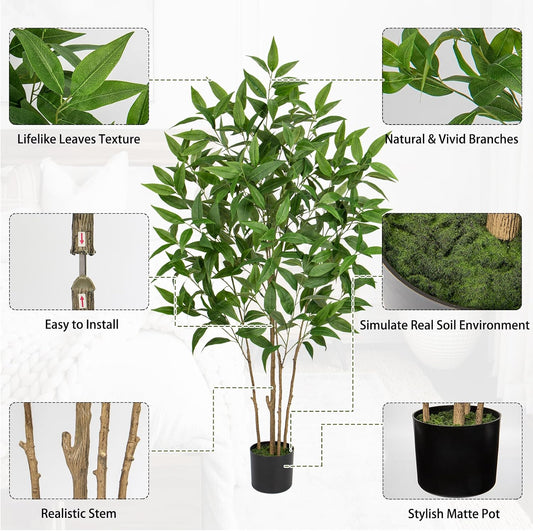 Artificial Eucalyptus Tree Plant in Black Pot – 5FT Tall Faux Indoor Plant for Home Décor, Modern Greenery for Living Room, Bedroom, Office