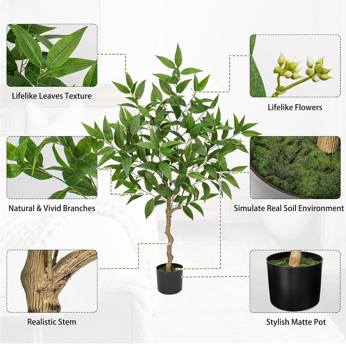 Artificial Eucalyptus Tree Plant in Black Pot – 5FT Tall Faux Indoor Plant for Home Décor, Modern Greenery for Living Room, Bedroom, Office