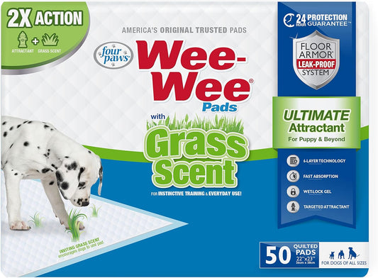 Wee-Wee Ultimate Attractant Dog Pee Pads for Instinctive Training, Leak-Proof Floor Protection Dog & Puppy Quilted Potty Training Pads, Grass Scent, 22" x 23" (50 Count)