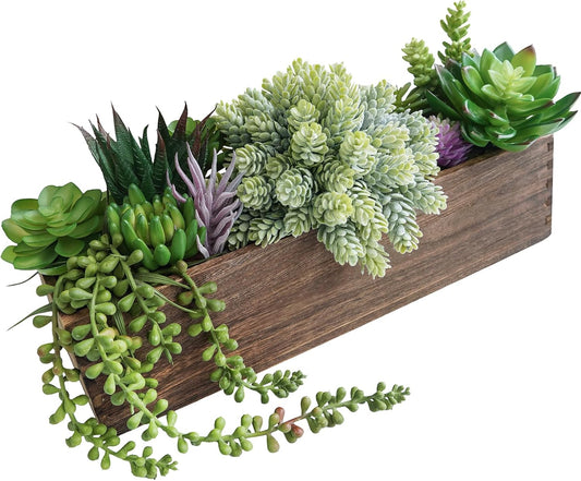 15" Assorted Artificial Succulent Arrangement Assorted Succulents in Rectangular Wooden Planter Faux Potted Plant for Farmhouse Table Centerpiece Windowsill Shelf Desk Mantel Greenery Décor