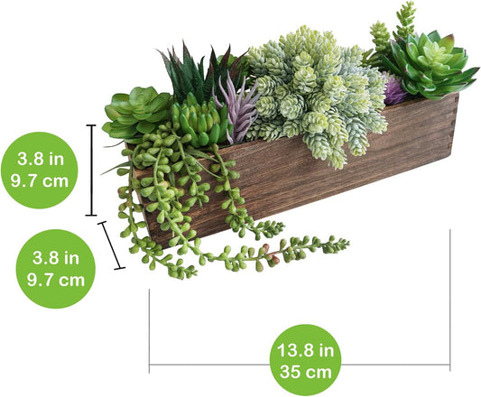 15" Assorted Artificial Succulent Arrangement Assorted Succulents in Rectangular Wooden Planter Faux Potted Plant for Farmhouse Table Centerpiece Windowsill Shelf Desk Mantel Greenery Décor