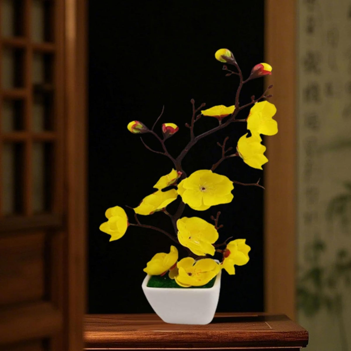 Realistic Potted Plum Blossom, Artificial Plum Blossom Bonsai Pot, Lightweight Fake Plant Potted Arrangement for Living Room, Yellow