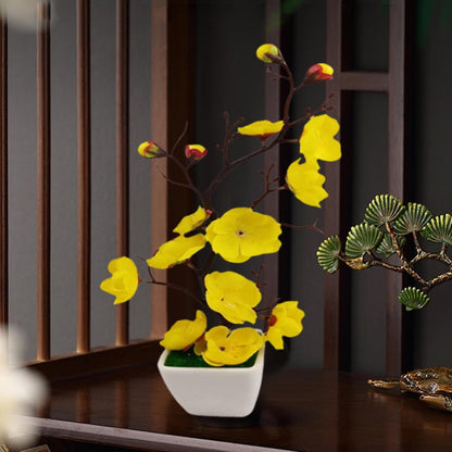 Realistic Potted Plum Blossom, Artificial Plum Blossom Bonsai Pot, Lightweight Fake Plant Potted Arrangement for Living Room, Yellow