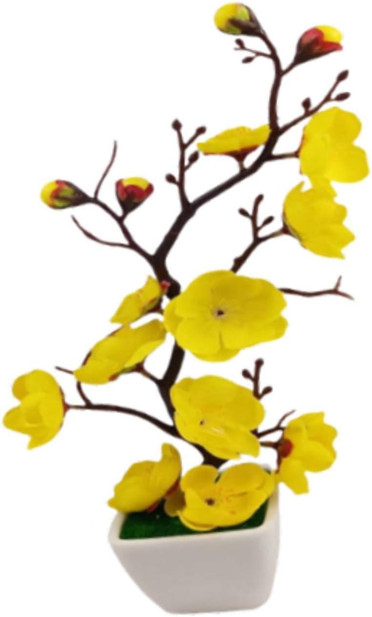 Realistic Potted Plum Blossom, Artificial Plum Blossom Bonsai Pot, Lightweight Fake Plant Potted Arrangement for Living Room, Yellow