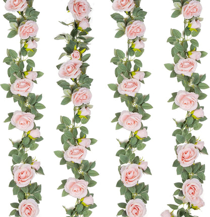 4Pcs(26 FT) Artificial Rose Vine Fake Flower Garland Fake Silk Rose Hanging Vine for Wedding Party Background Arch Garden Background Decoration (Pink)