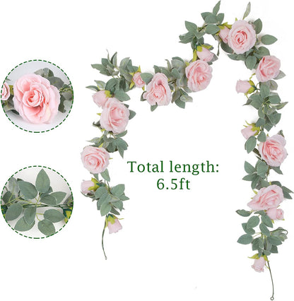 4Pcs(26 FT) Artificial Rose Vine Fake Flower Garland Fake Silk Rose Hanging Vine for Wedding Party Background Arch Garden Background Decoration (Pink)