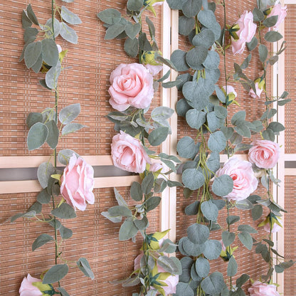 4Pcs(26 FT) Artificial Rose Vine Fake Flower Garland Fake Silk Rose Hanging Vine for Wedding Party Background Arch Garden Background Decoration (Pink)