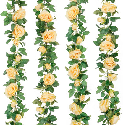4Pcs(26 FT) Artificial Rose Vine Fake Flower Garland Fake Silk Rose Hanging Vine for Wedding Party Background Arch Garden Background Decoration (Pink)