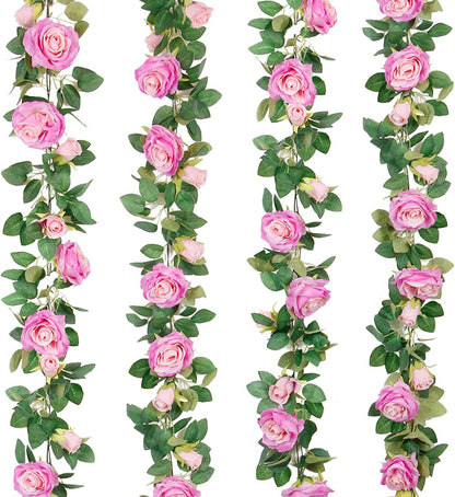 4Pcs(26 FT) Artificial Rose Vine Fake Flower Garland Fake Silk Rose Hanging Vine for Wedding Party Background Arch Garden Background Decoration (Pink)
