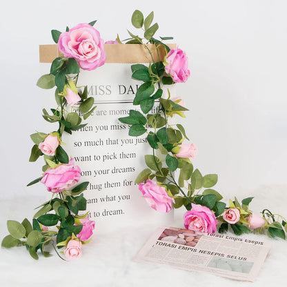 4Pcs(26 FT) Artificial Rose Vine Fake Flower Garland Fake Silk Rose Hanging Vine for Wedding Party Background Arch Garden Background Decoration (Pink)
