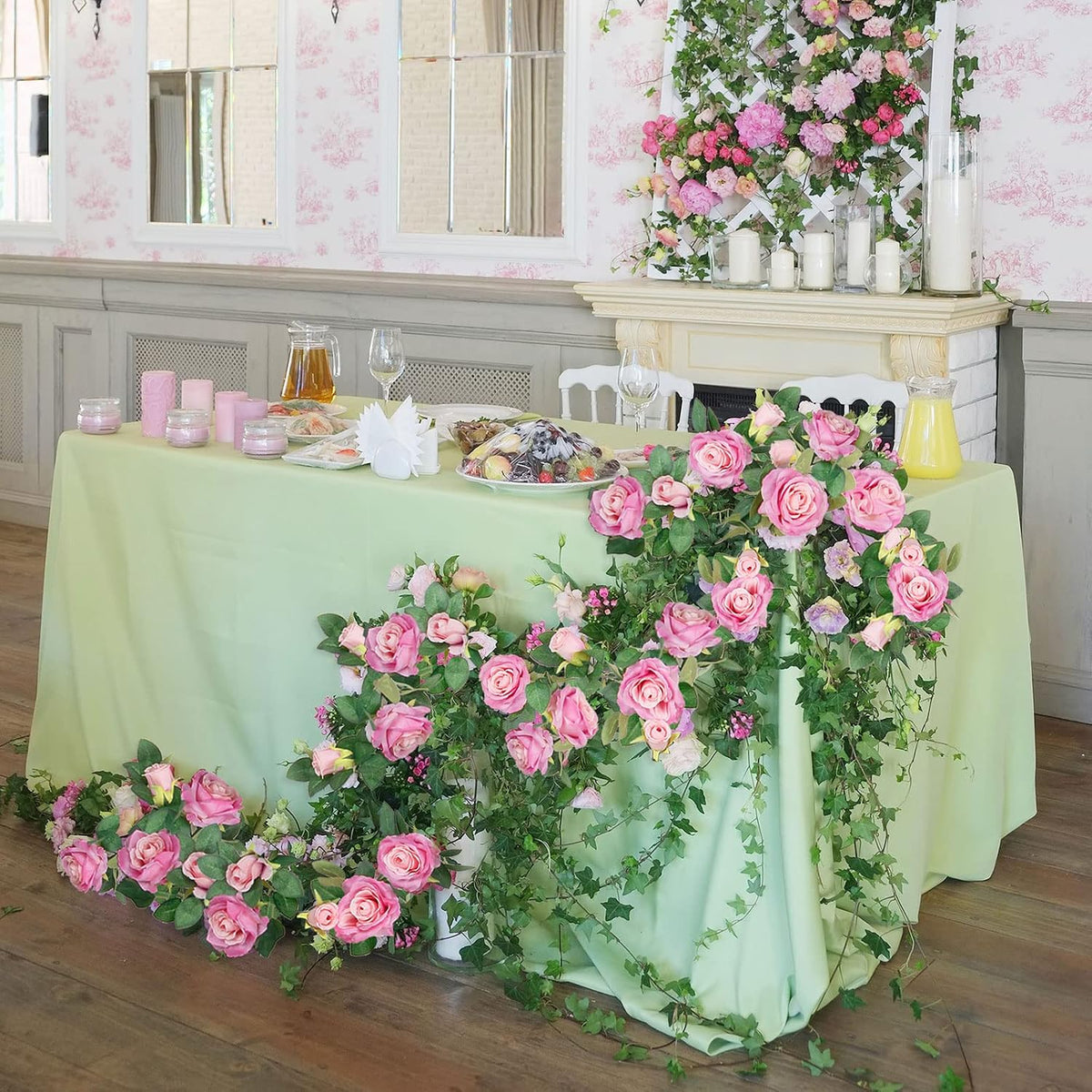 4Pcs(26 FT) Artificial Rose Vine Fake Flower Garland Fake Silk Rose Hanging Vine for Wedding Party Background Arch Garden Background Decoration (Pink)