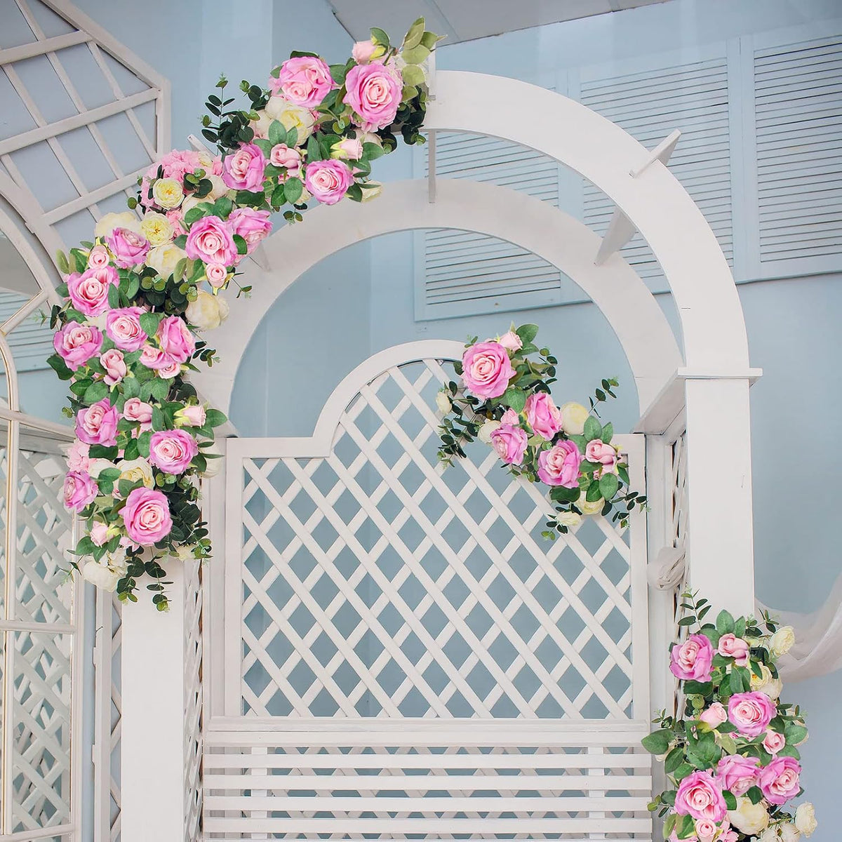 4Pcs(26 FT) Artificial Rose Vine Fake Flower Garland Fake Silk Rose Hanging Vine for Wedding Party Background Arch Garden Background Decoration (Pink)