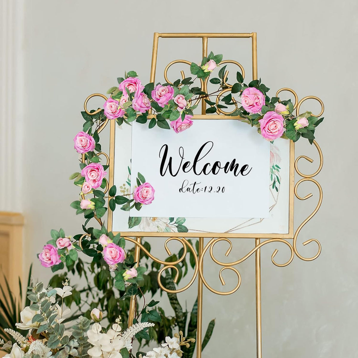 4Pcs(26 FT) Artificial Rose Vine Fake Flower Garland Fake Silk Rose Hanging Vine for Wedding Party Background Arch Garden Background Decoration (Pink)
