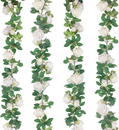 4Pcs(26 FT) Artificial Rose Vine Fake Flower Garland Fake Silk Rose Hanging Vine for Wedding Party Background Arch Garden Background Decoration (Pink)