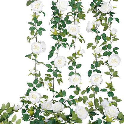 4Pcs(26 FT) Artificial Rose Vine Fake Flower Garland Fake Silk Rose Hanging Vine for Wedding Party Background Arch Garden Background Decoration (Pink)