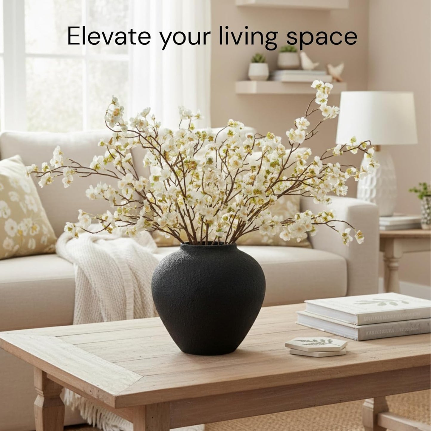 White Cherry Blossom Branches – 6 Pcs 33.5" Long Stem Artificial Flowers for Tall Vase, Premium Faux Silk Spring Decor, Realistic Fake Cherry Blossoms for Home, Wedding & Table Centerpieces