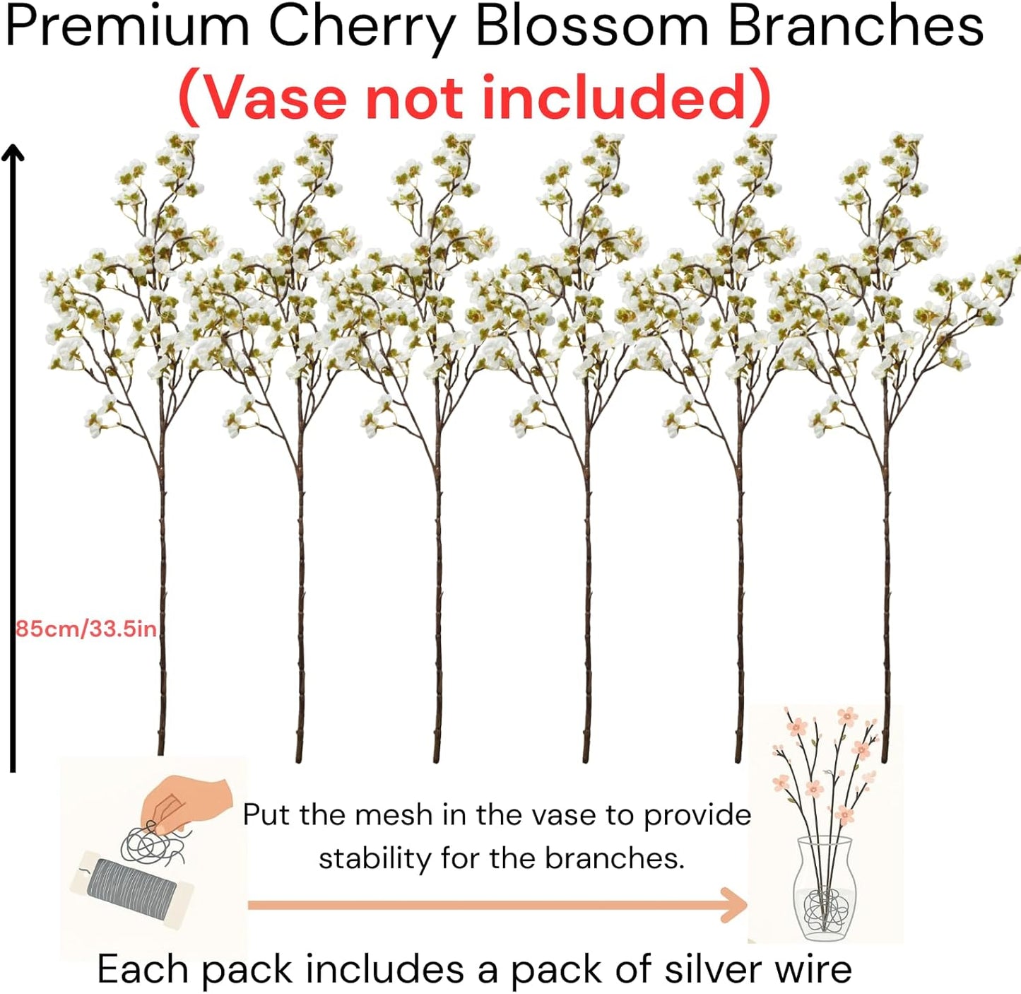 White Cherry Blossom Branches – 6 Pcs 33.5" Long Stem Artificial Flowers for Tall Vase, Premium Faux Silk Spring Decor, Realistic Fake Cherry Blossoms for Home, Wedding & Table Centerpieces