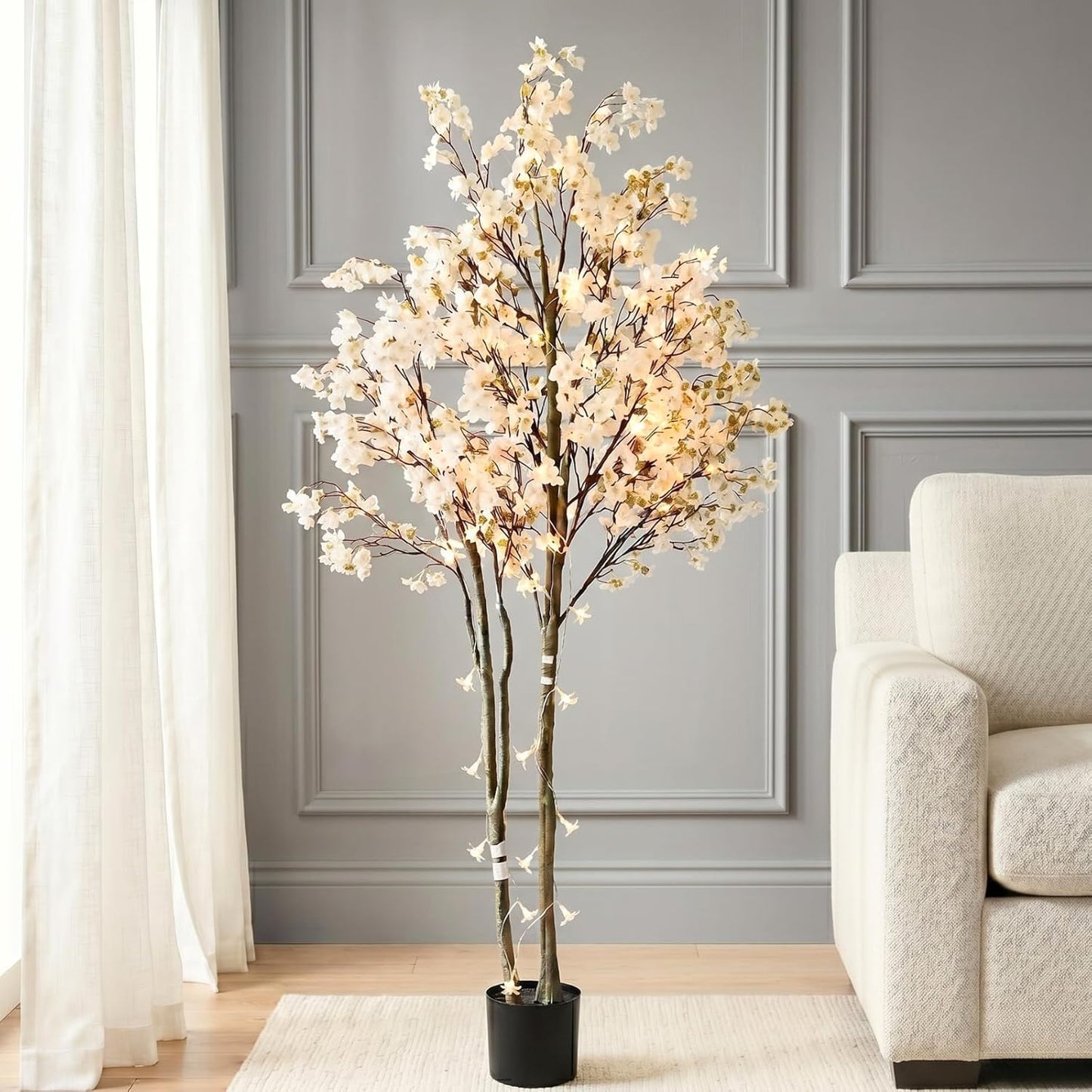 White Cherry Blossom Branches – 6 Pcs 33.5" Long Stem Artificial Flowers for Tall Vase, Premium Faux Silk Spring Decor, Realistic Fake Cherry Blossoms for Home, Wedding & Table Centerpieces