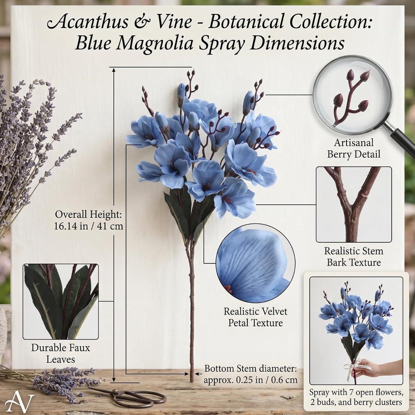 8 Pack 16 Inch Artificial Magnolia Flowers Stem Faux Magnolia Branches Silk Flowers Bendable Stem for Vase Arrangement Wedding Decor Party Centerpieces Home Decoration(Blue)