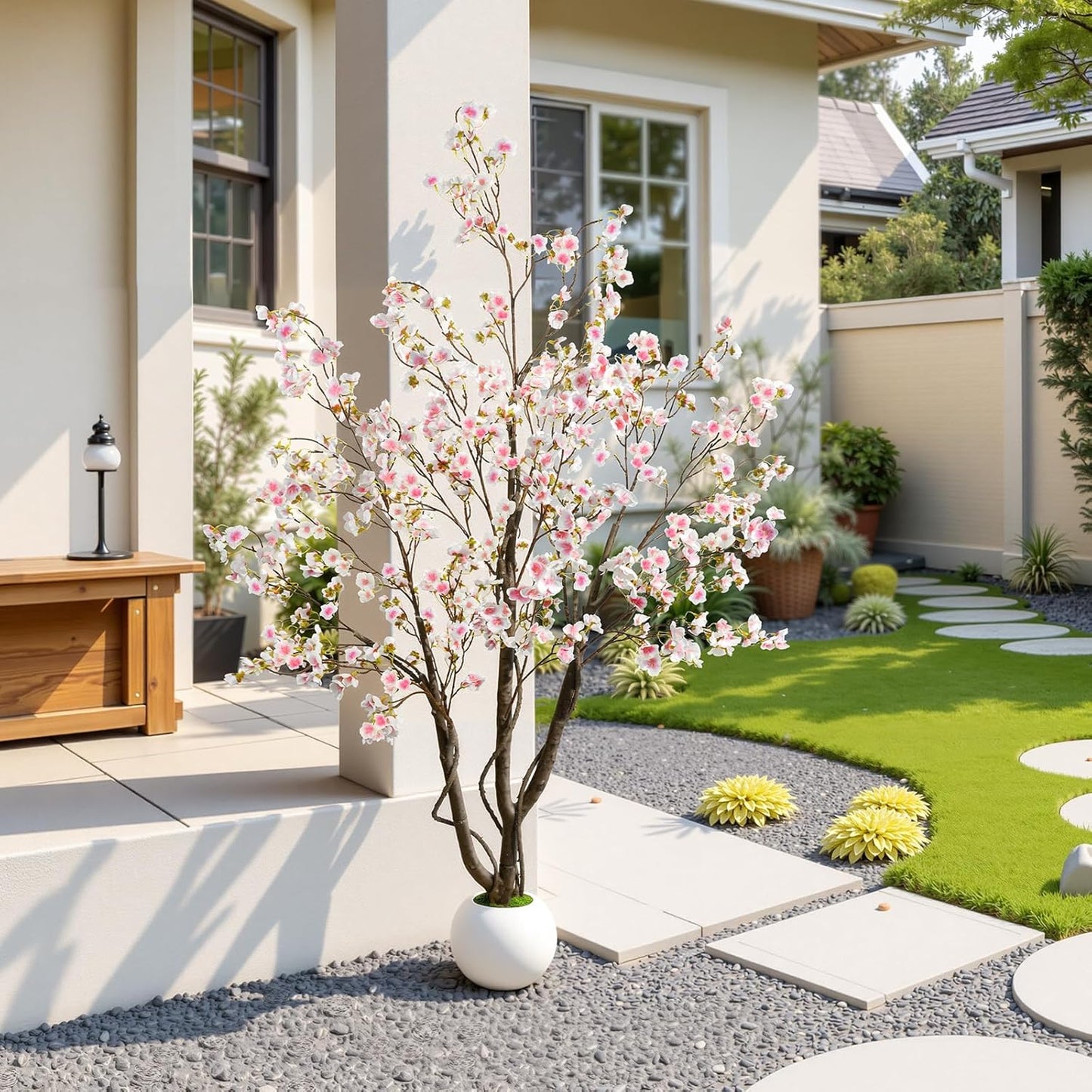 Artificial Cherry Blossom Tree 5FT, Pink Faux Floor Tree | Ball-Shaped Pot with Moss Topper, Lifelike Faux Tree for Home Office, Living Room, Bedroom, Doorway and Hallway Decor