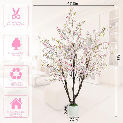 Artificial Cherry Blossom Tree 5FT, Pink Faux Floor Tree | Ball-Shaped Pot with Moss Topper, Lifelike Faux Tree for Home Office, Living Room, Bedroom, Doorway and Hallway Decor