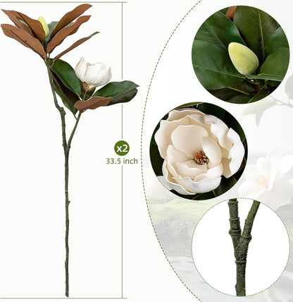 2PCS 33.5inch Artificial Magnolia Flowers with Green Magnolia Leaves and Fruit 3D Real Touch 2 Heads Long Stem Faux Magnolias Flower for Home Wedding Table Office Floral Arrangement Decoration (White)