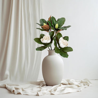 2PCS 33.5inch Artificial Magnolia Flowers with Green Magnolia Leaves and Fruit 3D Real Touch 2 Heads Long Stem Faux Magnolias Flower for Home Wedding Table Office Floral Arrangement Decoration (White)