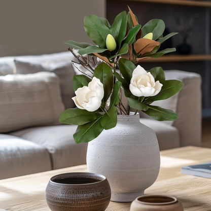 2PCS 33.5inch Artificial Magnolia Flowers with Green Magnolia Leaves and Fruit 3D Real Touch 2 Heads Long Stem Faux Magnolias Flower for Home Wedding Table Office Floral Arrangement Decoration (White)