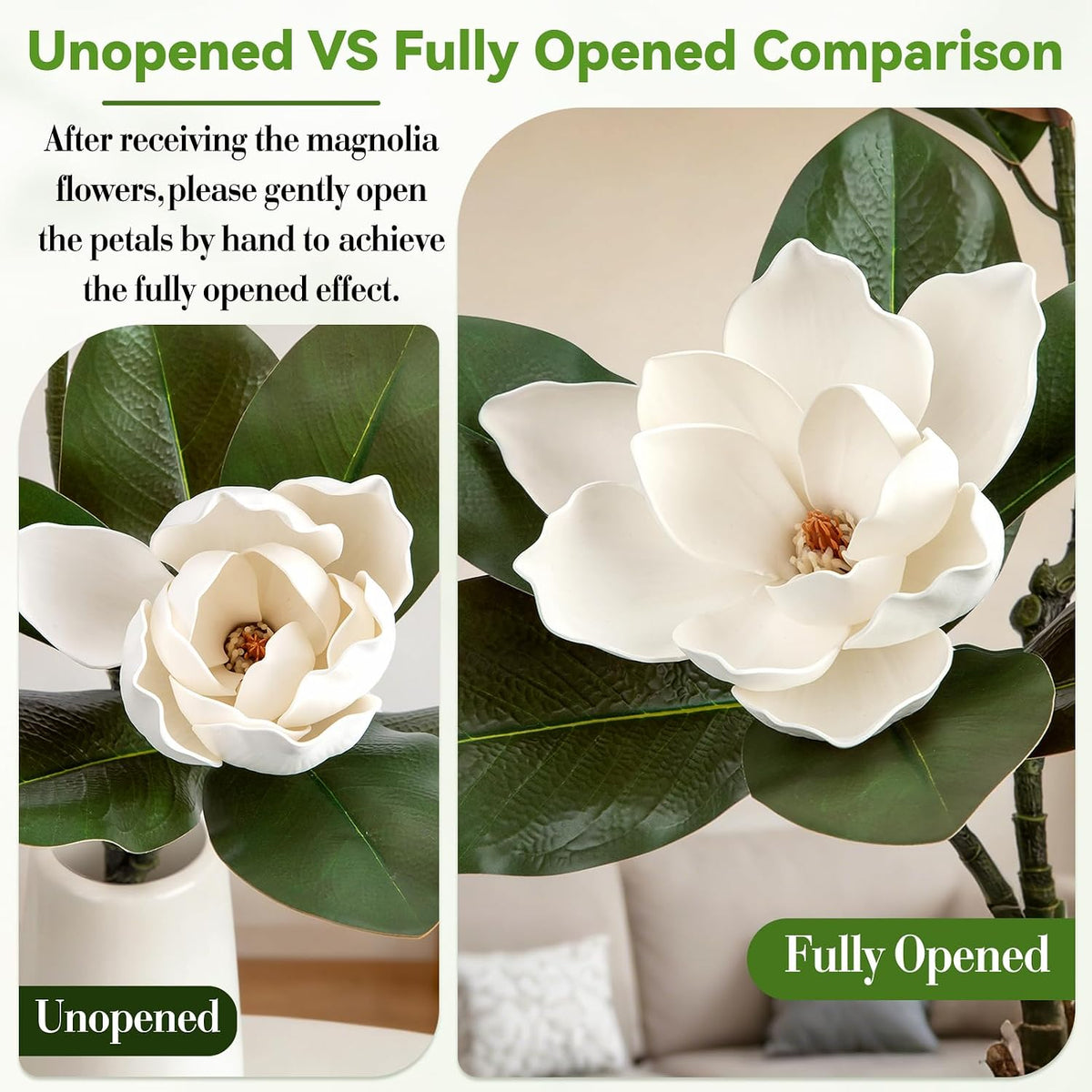 2PCS 33.5inch Artificial Magnolia Flowers with Green Magnolia Leaves and Fruit 3D Real Touch 2 Heads Long Stem Faux Magnolias Flower for Home Wedding Table Office Floral Arrangement Decoration (White)