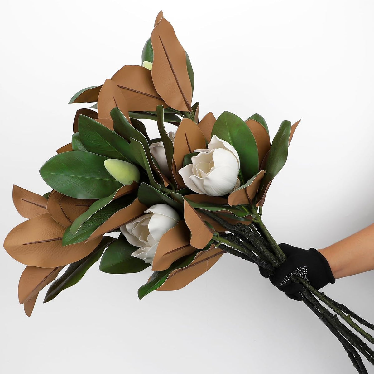 2PCS 33.5inch Artificial Magnolia Flowers with Green Magnolia Leaves and Fruit 3D Real Touch 2 Heads Long Stem Faux Magnolias Flower for Home Wedding Table Office Floral Arrangement Decoration (White)