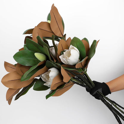 2PCS 33.5inch Artificial Magnolia Flowers with Green Magnolia Leaves and Fruit 3D Real Touch 2 Heads Long Stem Faux Magnolias Flower for Home Wedding Table Office Floral Arrangement Decoration (White)