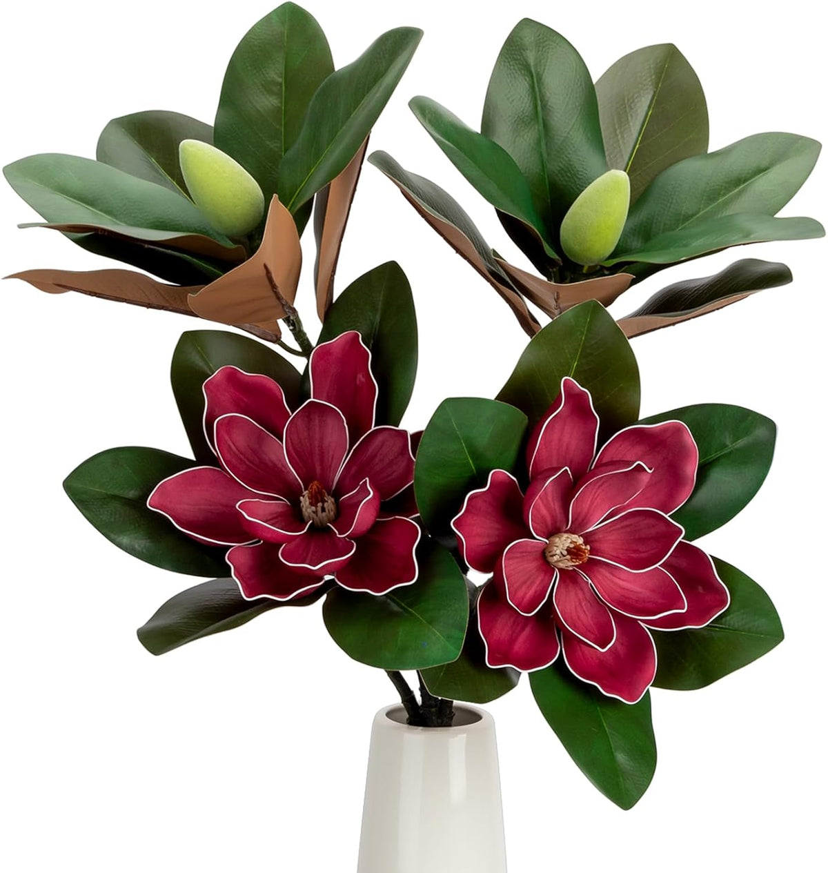2PCS 33.5inch Artificial Magnolia Flowers with Green Magnolia Leaves and Fruit 3D Real Touch 2 Heads Long Stem Faux Magnolias Flower for Home Wedding Table Office Floral Arrangement Decoration (White)