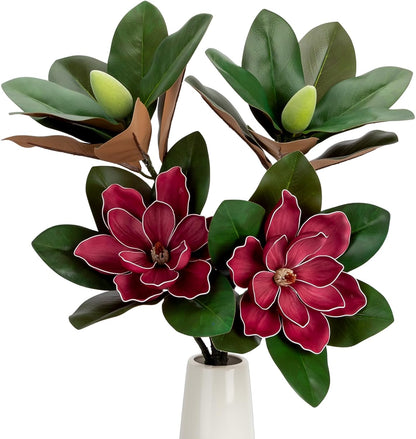 2PCS 33.5inch Artificial Magnolia Flowers with Green Magnolia Leaves and Fruit 3D Real Touch 2 Heads Long Stem Faux Magnolias Flower for Home Wedding Table Office Floral Arrangement Decoration (White)