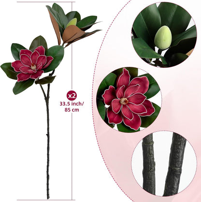 2PCS 33.5inch Artificial Magnolia Flowers with Green Magnolia Leaves and Fruit 3D Real Touch 2 Heads Long Stem Faux Magnolias Flower for Home Wedding Table Office Floral Arrangement Decoration (White)