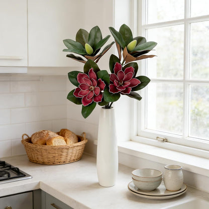 2PCS 33.5inch Artificial Magnolia Flowers with Green Magnolia Leaves and Fruit 3D Real Touch 2 Heads Long Stem Faux Magnolias Flower for Home Wedding Table Office Floral Arrangement Decoration (White)