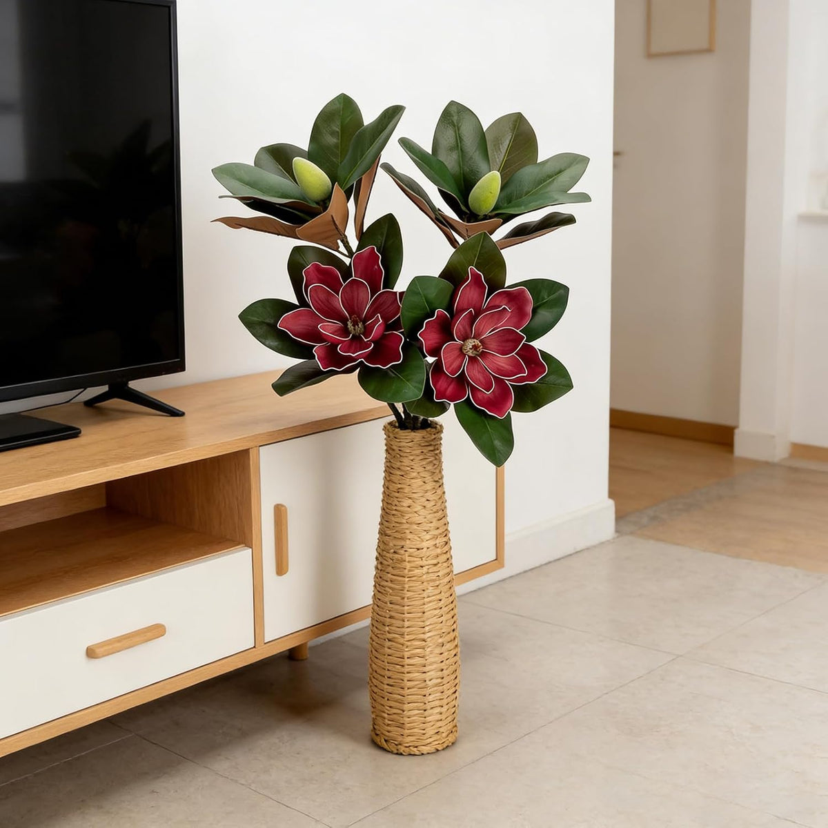 2PCS 33.5inch Artificial Magnolia Flowers with Green Magnolia Leaves and Fruit 3D Real Touch 2 Heads Long Stem Faux Magnolias Flower for Home Wedding Table Office Floral Arrangement Decoration (White)