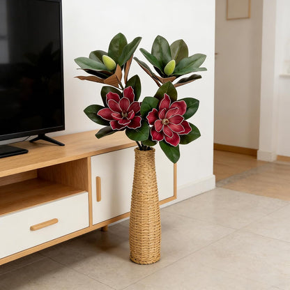 2PCS 33.5inch Artificial Magnolia Flowers with Green Magnolia Leaves and Fruit 3D Real Touch 2 Heads Long Stem Faux Magnolias Flower for Home Wedding Table Office Floral Arrangement Decoration (White)