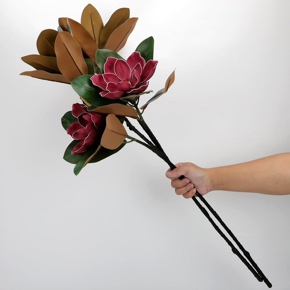 2PCS 33.5inch Artificial Magnolia Flowers with Green Magnolia Leaves and Fruit 3D Real Touch 2 Heads Long Stem Faux Magnolias Flower for Home Wedding Table Office Floral Arrangement Decoration (White)
