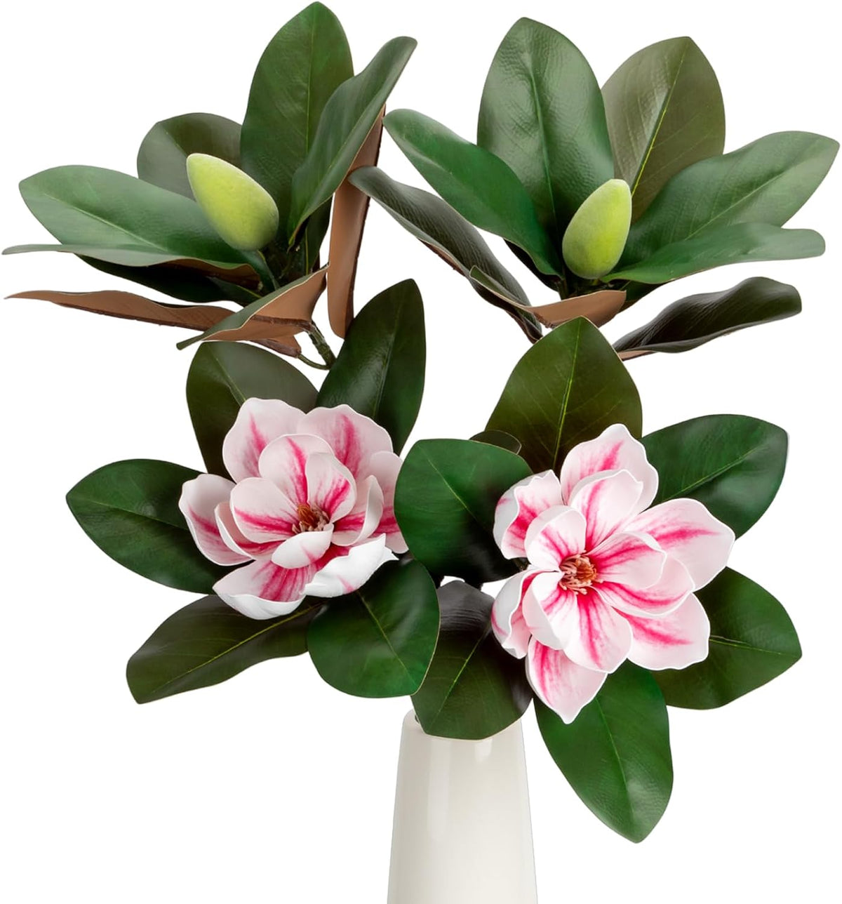 2PCS 33.5inch Artificial Magnolia Flowers with Green Magnolia Leaves and Fruit 3D Real Touch 2 Heads Long Stem Faux Magnolias Flower for Home Wedding Table Office Floral Arrangement Decoration (White)