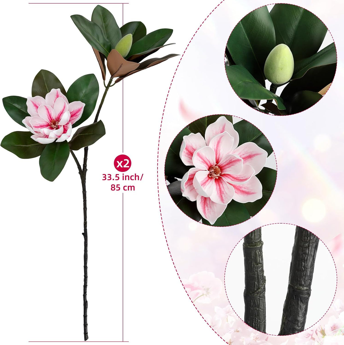 2PCS 33.5inch Artificial Magnolia Flowers with Green Magnolia Leaves and Fruit 3D Real Touch 2 Heads Long Stem Faux Magnolias Flower for Home Wedding Table Office Floral Arrangement Decoration (White)