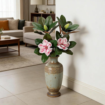 2PCS 33.5inch Artificial Magnolia Flowers with Green Magnolia Leaves and Fruit 3D Real Touch 2 Heads Long Stem Faux Magnolias Flower for Home Wedding Table Office Floral Arrangement Decoration (White)