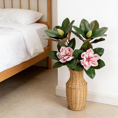 2PCS 33.5inch Artificial Magnolia Flowers with Green Magnolia Leaves and Fruit 3D Real Touch 2 Heads Long Stem Faux Magnolias Flower for Home Wedding Table Office Floral Arrangement Decoration (White)