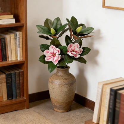 2PCS 33.5inch Artificial Magnolia Flowers with Green Magnolia Leaves and Fruit 3D Real Touch 2 Heads Long Stem Faux Magnolias Flower for Home Wedding Table Office Floral Arrangement Decoration (White)