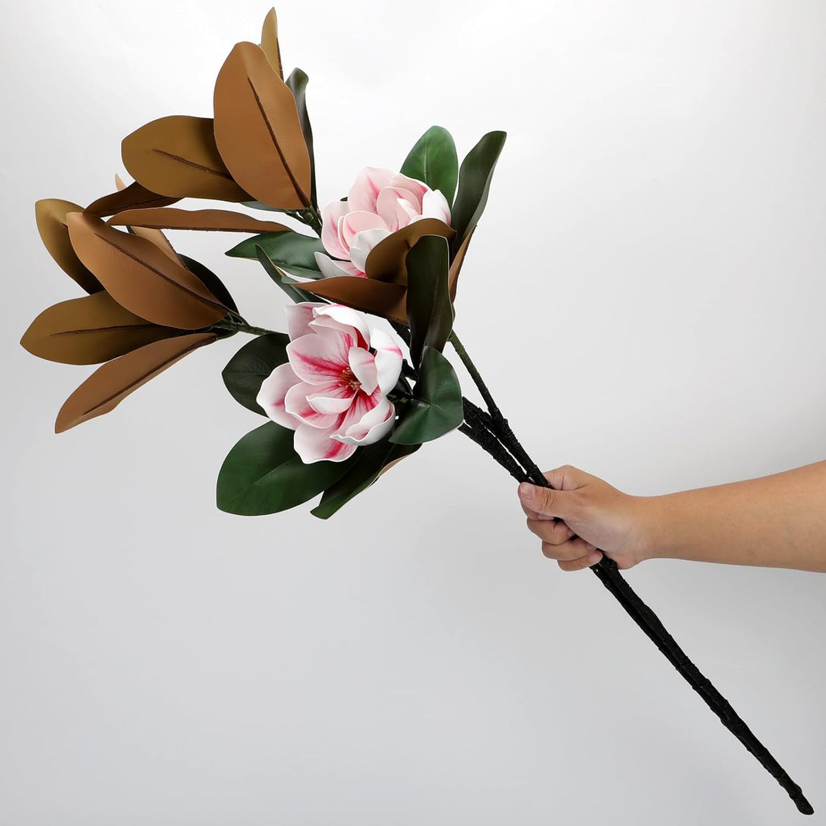 2PCS 33.5inch Artificial Magnolia Flowers with Green Magnolia Leaves and Fruit 3D Real Touch 2 Heads Long Stem Faux Magnolias Flower for Home Wedding Table Office Floral Arrangement Decoration (White)